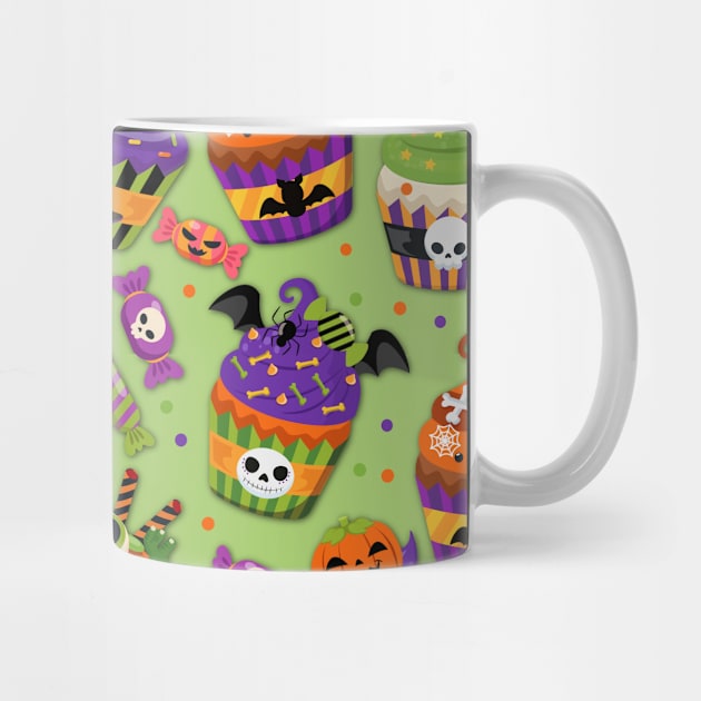 Creepy Cupcake and Candy Halloween Pattern On Green by Gsallicat